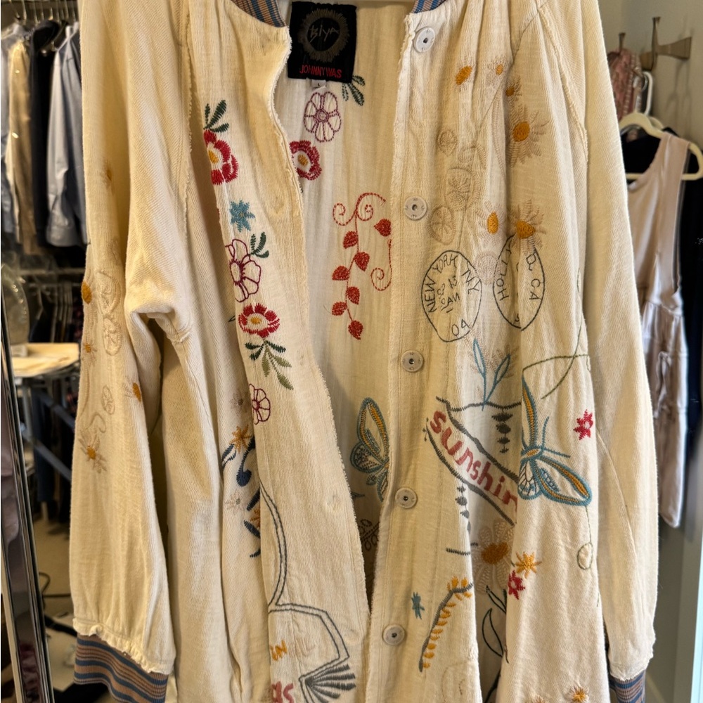 Johnny Was Cream Cardigan with Floral Embroidery